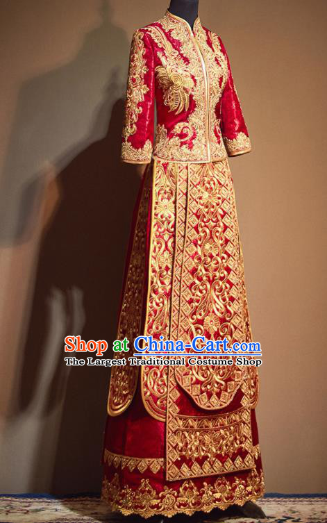 Chinese Traditional Wedding Embroidered Flowers Xiu He Suit Red Blouse and Dress Ancient Bride Costumes for Women