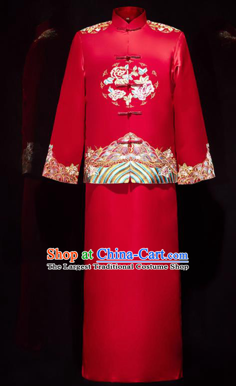 Chinese Ancient Bridegroom Embroidered Peony Red Mandarin Jacket and Long Gown Traditional Wedding Tang Suit Costumes for Men