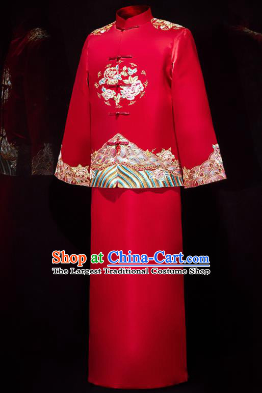 Chinese Ancient Bridegroom Embroidered Peony Red Mandarin Jacket and Long Gown Traditional Wedding Tang Suit Costumes for Men