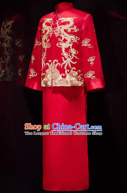 Chinese Ancient Bridegroom Embroidered Dragons Red Mandarin Jacket and Long Gown Traditional Wedding Tang Suit Costumes for Men