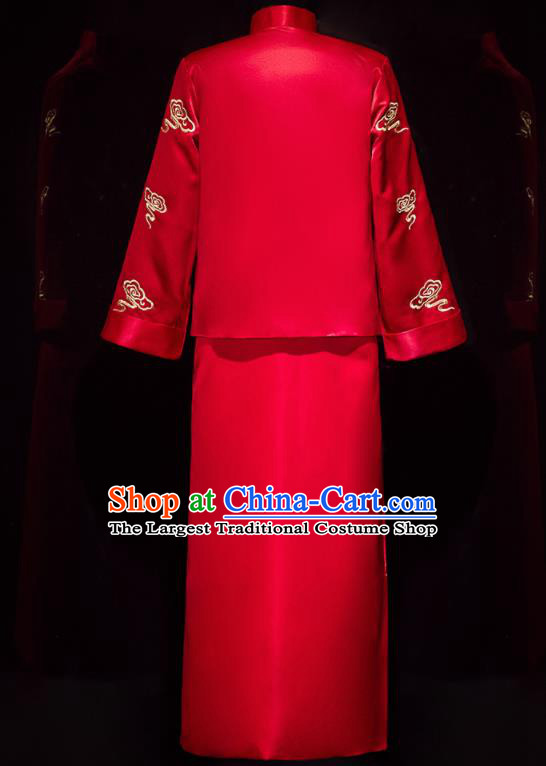 Chinese Ancient Bridegroom Embroidered Dragons Red Mandarin Jacket and Long Gown Traditional Wedding Tang Suit Costumes for Men