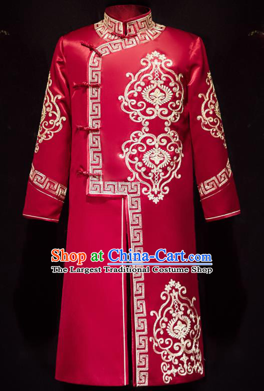 Chinese Ancient Bridegroom Embroidered Red Long Gown Traditional Wedding Tang Suit Costumes for Men
