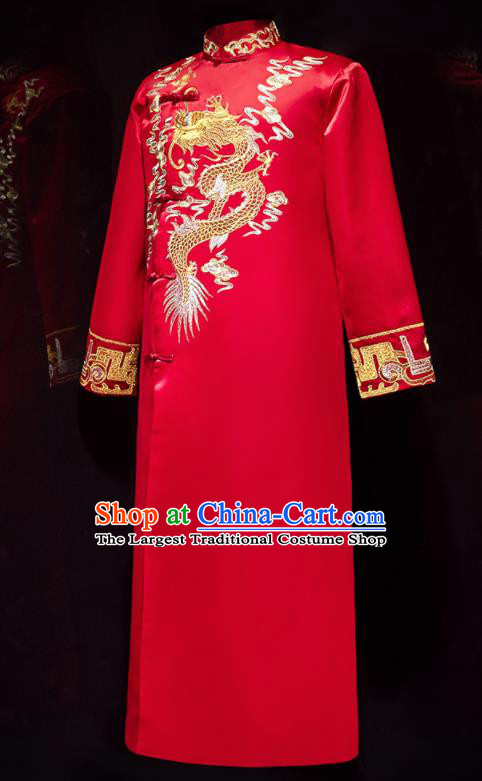 Chinese Ancient Bridegroom Embroidered Dragon Red Long Gown Traditional Wedding Tang Suit Costumes for Men