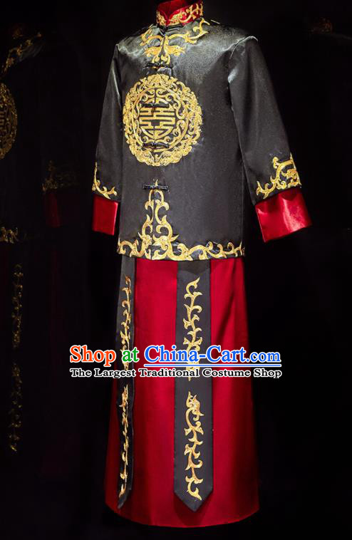 Chinese Ancient Bridegroom Embroidered Black Mandarin Jacket and Long Gown Traditional Wedding Tang Suit Costumes for Men