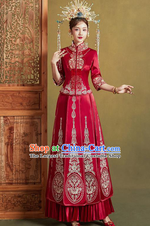 Chinese Traditional Wedding Embroidered Butterfly Drilling Xiu He Suit Red Blouse and Dress Ancient Bride Costumes for Women