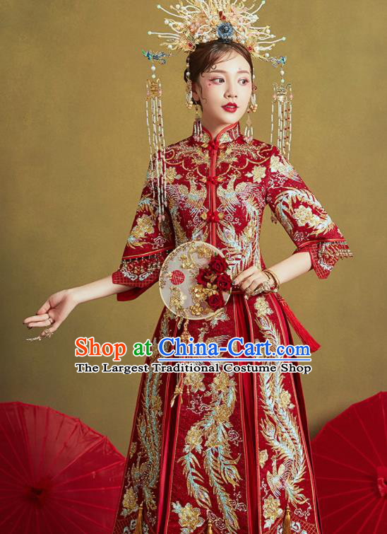 Chinese Traditional Wedding Embroidered Phoenix Drilling Xiu He Suit Red Blouse and Dress Ancient Bride Costumes for Women