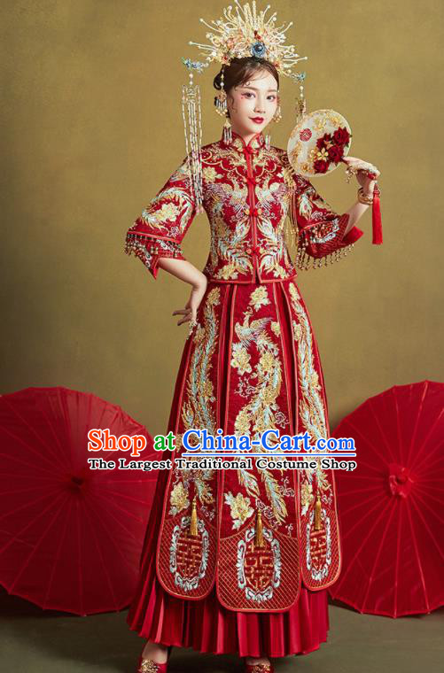 Chinese Traditional Wedding Embroidered Phoenix Drilling Xiu He Suit Red Blouse and Dress Ancient Bride Costumes for Women