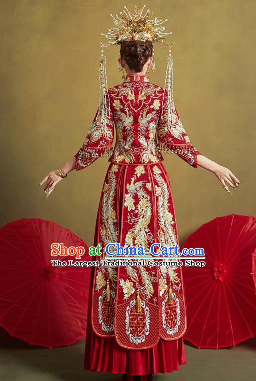 Chinese Traditional Wedding Embroidered Phoenix Drilling Xiu He Suit Red Blouse and Dress Ancient Bride Costumes for Women