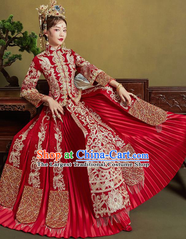 Chinese Traditional Wedding Drilling Xiu He Suit Embroidered Red Blouse and Dress Ancient Bride Costumes for Women