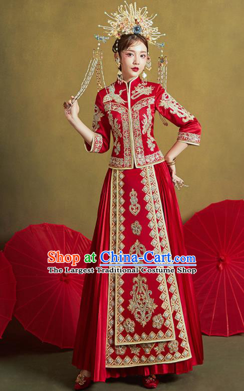 Chinese Traditional Wedding Embroidered Xiu He Suit Red Blouse and Dress Ancient Bride Costumes for Women