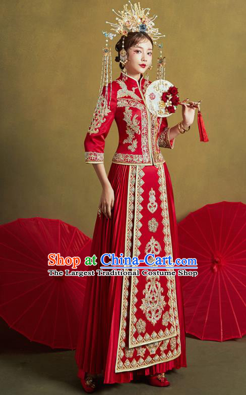 Chinese Traditional Wedding Embroidered Xiu He Suit Red Blouse and Dress Ancient Bride Costumes for Women