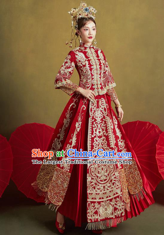 Chinese Traditional Wedding Drilling Xiu He Suit Embroidered Red Blouse and Dress Ancient Bride Costumes for Women