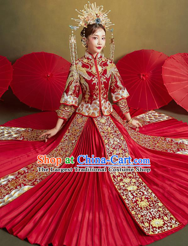 Chinese Traditional Wedding Embroidered Phoenix Lotus Xiu He Suit Red Blouse and Dress Ancient Bride Costumes for Women