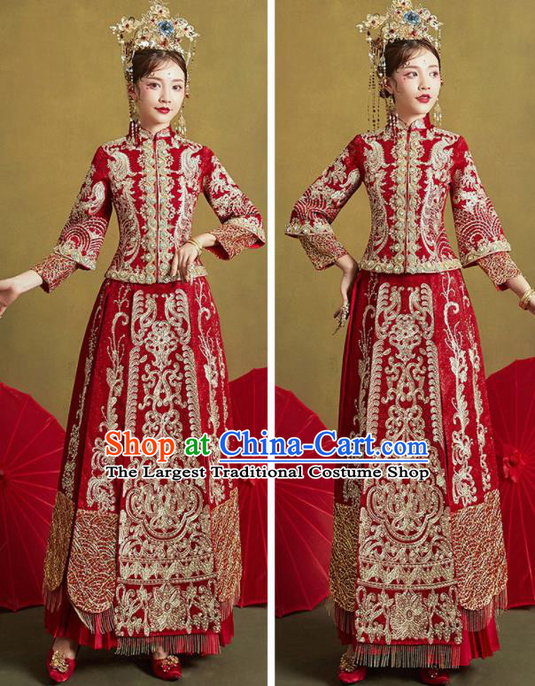 Chinese Traditional Wedding Drilling Xiu He Suit Embroidered Red Blouse and Dress Ancient Bride Costumes for Women