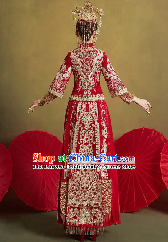 Chinese Traditional Wedding Drilling Xiu He Suit Embroidered Red Blouse and Dress Ancient Bride Costumes for Women