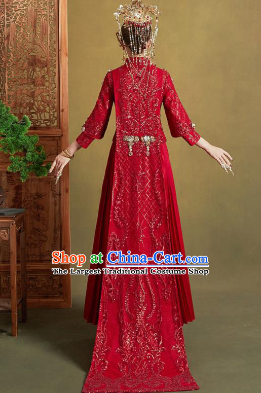 Chinese Traditional Embroidered Wedding Trailing Xiu He Suit Red Blouse and Dress Ancient Bride Costumes for Women