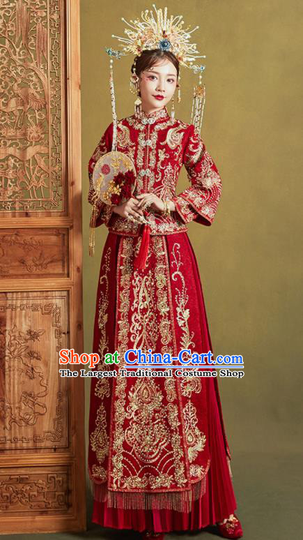 Chinese Traditional Embroidered Wedding Drilling Xiu He Suit Red Blouse and Dress Ancient Bride Costumes for Women
