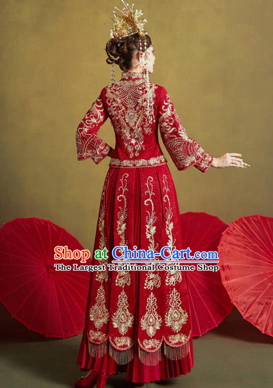 Chinese Traditional Embroidered Wedding Drilling Xiu He Suit Red Blouse and Dress Ancient Bride Costumes for Women