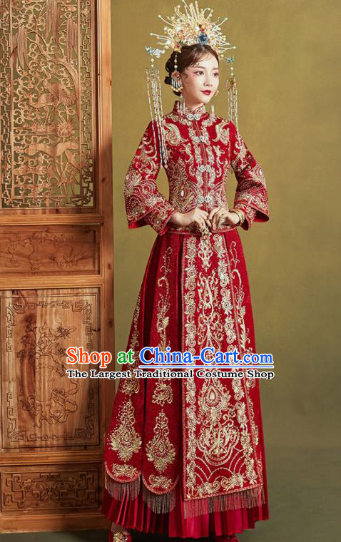 Chinese Traditional Embroidered Wedding Drilling Xiu He Suit Red Blouse and Dress Ancient Bride Costumes for Women