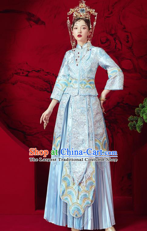 Chinese Traditional Embroidered Wedding Blue Xiu He Suit Blouse and Dress Ancient Bride Costumes for Women