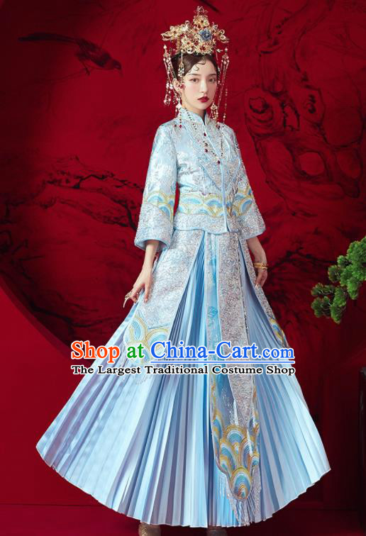 Chinese Traditional Embroidered Wedding Blue Xiu He Suit Blouse and Dress Ancient Bride Costumes for Women