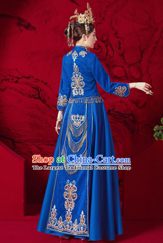 Chinese Traditional Embroidered Wedding Royalblue Xiu He Suit Blouse and Dress Ancient Bride Costumes for Women