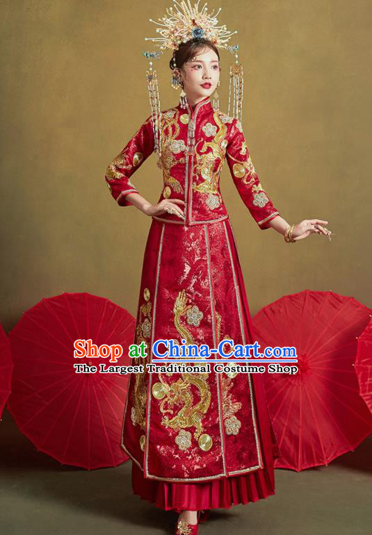 Chinese Traditional Wedding Xiu He Suit Embroidered Dragon Red Blouse and Dress Ancient Bride Costumes for Women