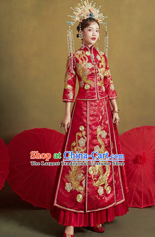 Chinese Traditional Wedding Xiu He Suit Embroidered Dragon Red Blouse and Dress Ancient Bride Costumes for Women