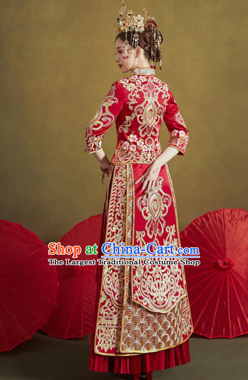 Chinese Traditional Embroidered Wedding Red Xiu He Suit Blouse and Dress Ancient Bride Costumes for Women