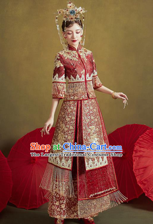 Chinese Traditional Embroidered Wedding Dark Red Xiu He Suit Blouse and Dress Ancient Bride Costumes for Women