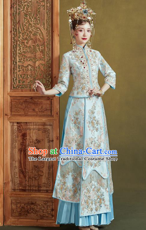 Chinese Traditional Embroidered Wedding Blue Xiu He Suit Blouse and Tassel Dress Ancient Bride Costumes for Women