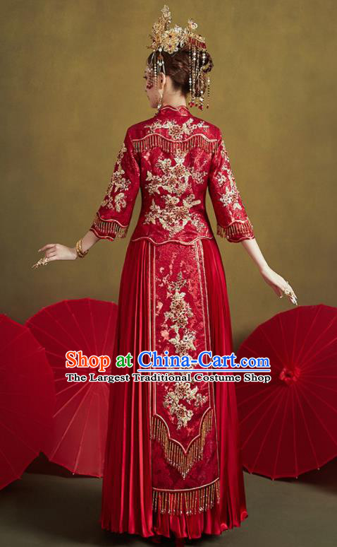 Chinese Traditional Embroidered Flowers Wedding Dark Red Xiu He Suit Blouse and Dress Ancient Bride Costumes for Women