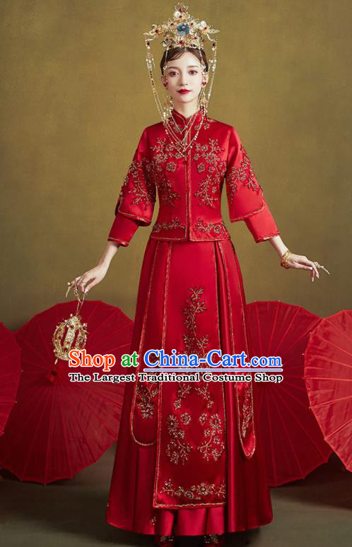 Chinese Traditional Embroidered Plum Wedding Xiu He Suit Blouse and Dress Ancient Bride Costumes for Women