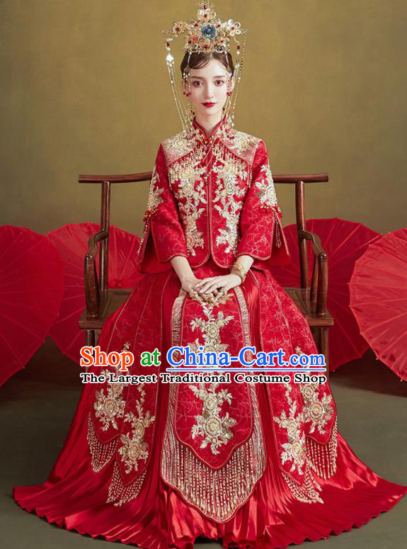 Chinese Traditional Embroidered Golden Flowers Wedding Xiu He Suit Blouse and Dress Ancient Bride Costumes for Women