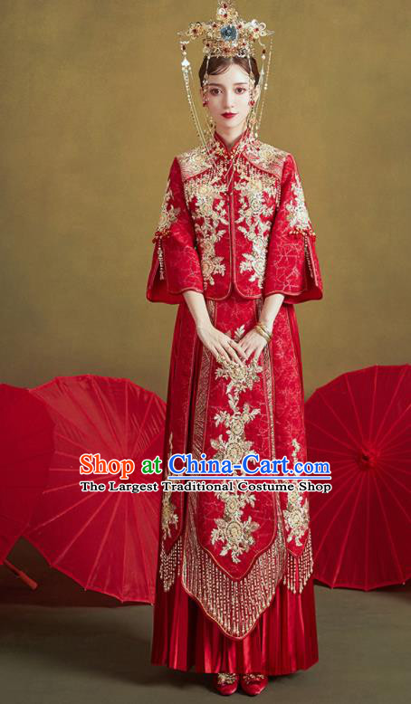 Chinese Traditional Embroidered Golden Flowers Wedding Xiu He Suit Blouse and Dress Ancient Bride Costumes for Women