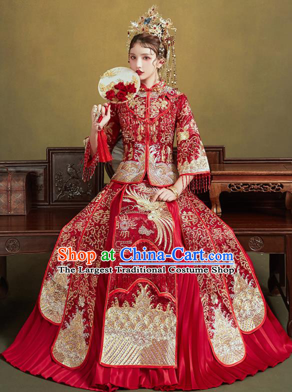 Chinese Traditional Embroidered Golden Phoenix Wedding Xiu He Suit Blouse and Dress Ancient Bride Costumes for Women