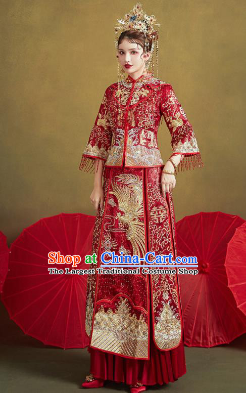 Chinese Traditional Embroidered Golden Phoenix Wedding Xiu He Suit Blouse and Dress Ancient Bride Costumes for Women