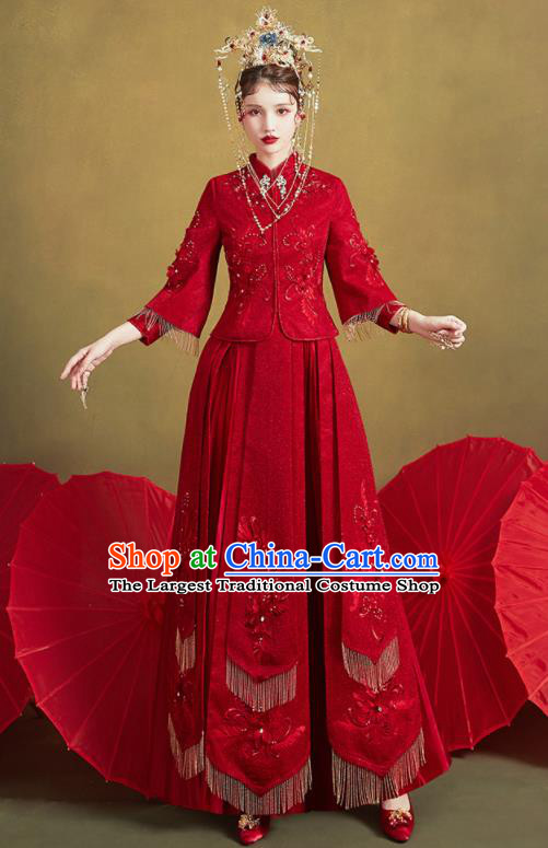 Chinese Traditional Embroidered Wedding Purplish Red Xiu He Suit Blouse and Dress Ancient Bride Costumes for Women