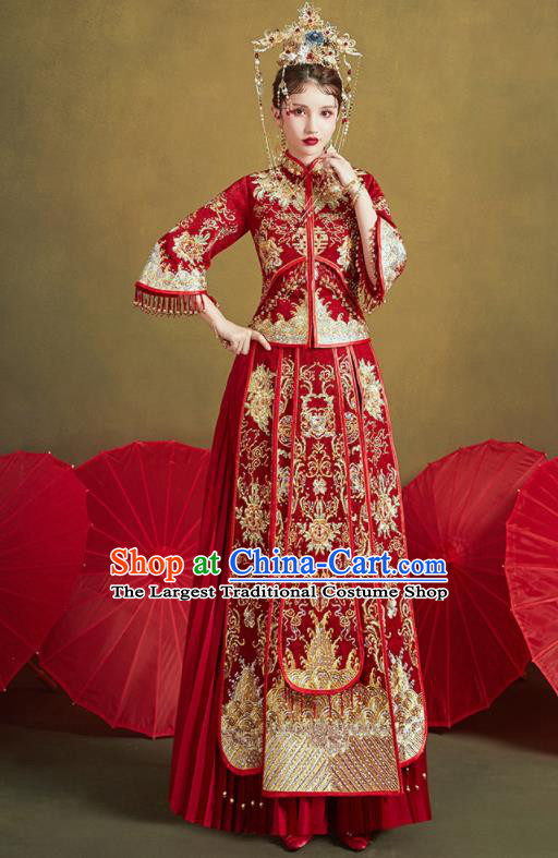 Chinese Traditional Embroidered Golden Peony Wedding Xiu He Suit Blouse and Dress Ancient Bride Costumes for Women