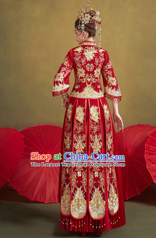 Chinese Traditional Embroidered Golden Peony Wedding Xiu He Suit Blouse and Dress Ancient Bride Costumes for Women