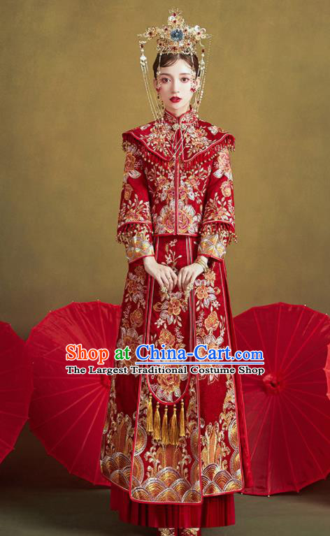 Chinese Traditional Embroidered Red Peony Wedding Xiu He Suit Blouse and Dress Ancient Bride Costumes for Women