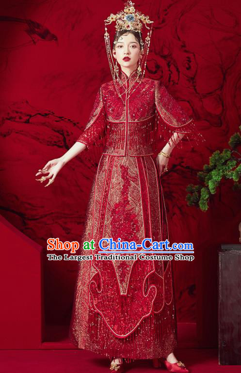 Chinese Traditional Red Tassel Wedding Xiu He Suit Blouse and Dress Ancient Bride Costumes for Women