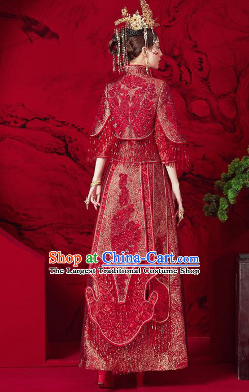 Chinese Traditional Red Tassel Wedding Xiu He Suit Blouse and Dress Ancient Bride Costumes for Women