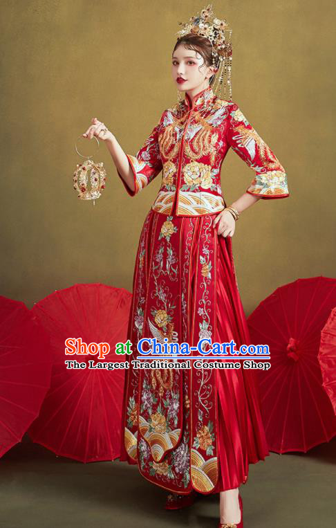 Chinese Traditional Wedding Embroidered Phoenix Peony Red Xiu He Suit Blouse and Dress Ancient Bride Costumes for Women