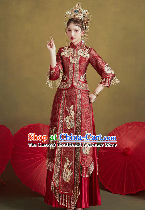 Chinese Traditional Wedding Embroidered Purplish Red Xiu He Suit Blouse and Dress Ancient Bride Costumes for Women