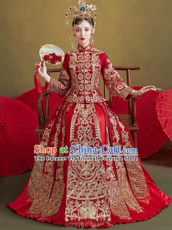 Chinese Traditional Wedding Embroidered Xiu He Suit Blouse and Dress Ancient Bride Costumes for Women