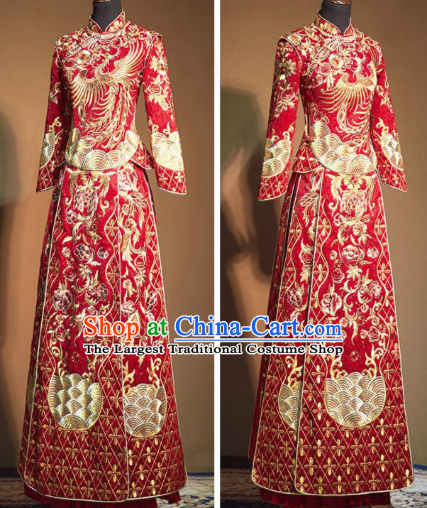 Chinese Traditional Embroidered Phoenix Peony Wedding Xiu He Suit Red Blouse and Dress Ancient Bride Costumes for Women