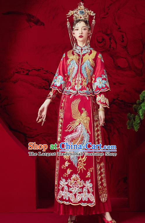 Chinese Traditional Wedding Embroidered Phoenix Xiu He Suit Blouse and Dress Ancient Bride Costumes for Women