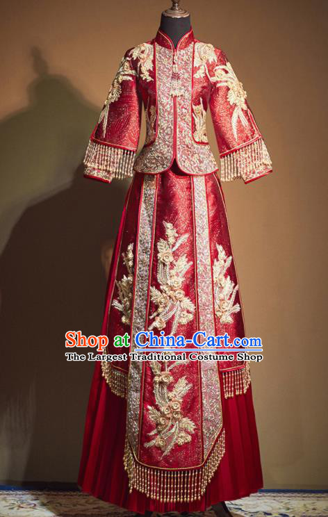 Chinese Traditional Embroidered Phoenix Wedding Xiu He Suit Red Blouse and Dress Ancient Bride Costumes for Women