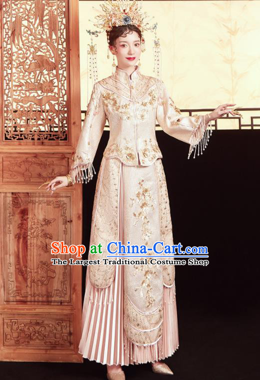 Chinese Traditional Wedding Embroidered Champagne Xiu He Suit Blouse and Dress Ancient Bride Costumes for Women